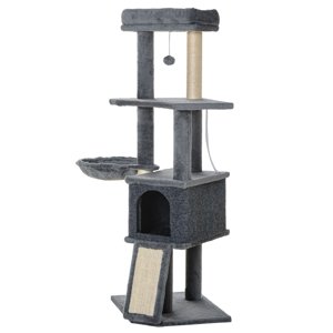 50" Multi-Level Grey Cat Tree Tower with Sisal Scratching Posts, Condo, Bed & Hammock - Ideal for Living Room & Playtime Enrichment
