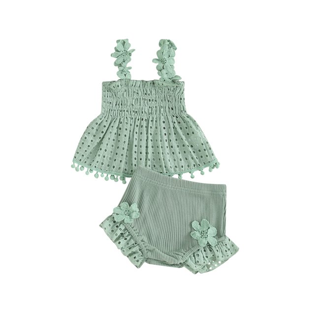 Gupgi Baby Girls Solid Color Cutout Pleated Tank Tops Ruffle Shorts 3 6 12 18 Months 2Pcs Summer Set