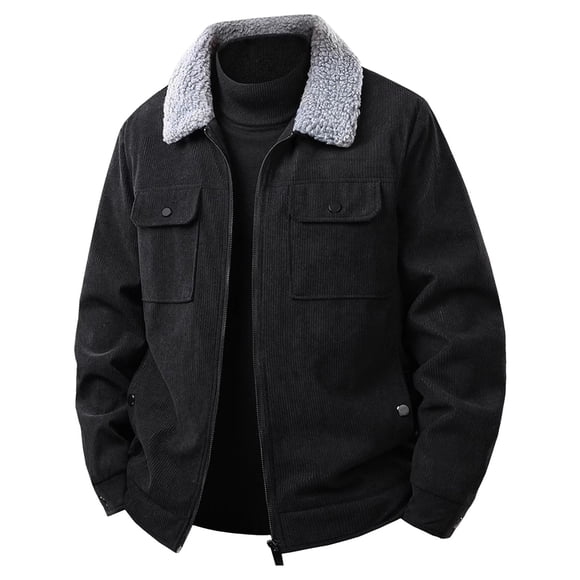 LNWUY (M-5XL) Big and Tall Men's Sherpa Lined Corduroy Lapel Zipper Jacket Vintage Casual Thickened Winter Warm Fleece Jacket Coat Black XXXXXL