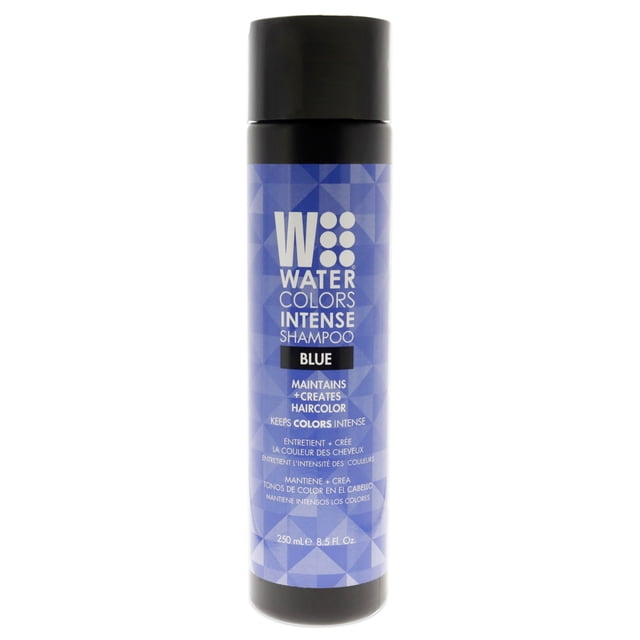Watercolors Shampooing Intense - Bleu par Tressa pour Unisexe dans une Bouteille de 8,5 oz. le Shampooing Présente une Formule Déposante de Couleur Conçue pour Maintenir et Créer une Couleur de Cheveux Bleue Vibrante. Il Est Sans Sulfates, Hydratant, Revitalisant et au pH Équilibré, Convient à Tous les types de Cheveux. la Bouteille a un Motif Géométrique Bleu avec un Texte Blanc Audacieux et un Bonnet Noir.