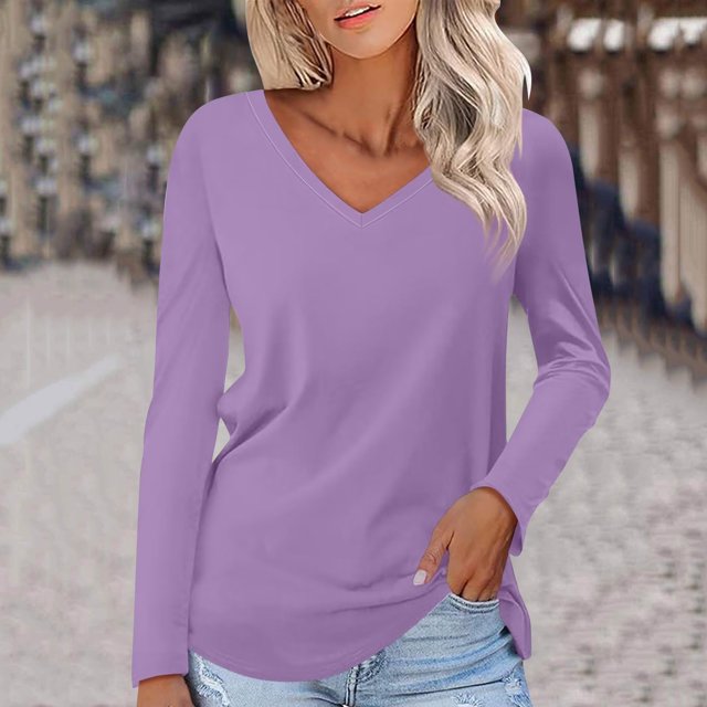 RXIRUCGD T-Shirts à Manches Longues à Col en V Décontractés pour Femmes, Couleur Unie, Hauts Basiques, Tees, Blouses, Violet, Taille : S