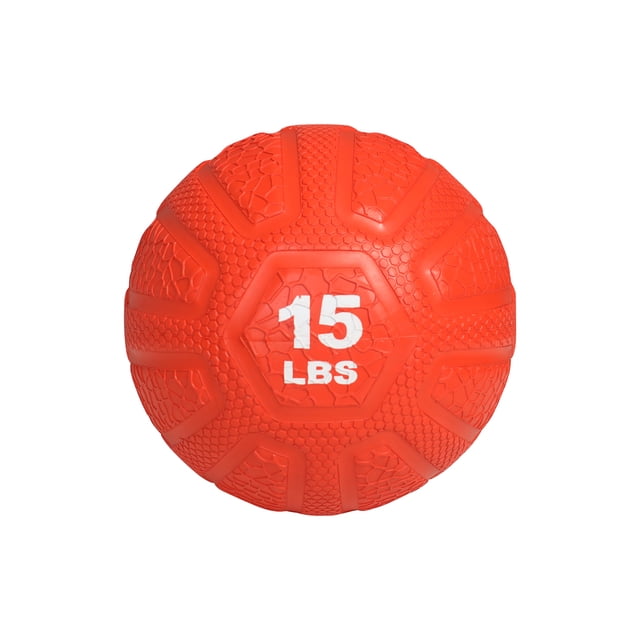 PRISP Weighted Rubber Medicine Ball, 15 lbs, with a textured orange surface for a secure grip during strength exercises, endurance training, and coordination workouts. Features a durable rubber shell and iron sand filling for shifting load training.