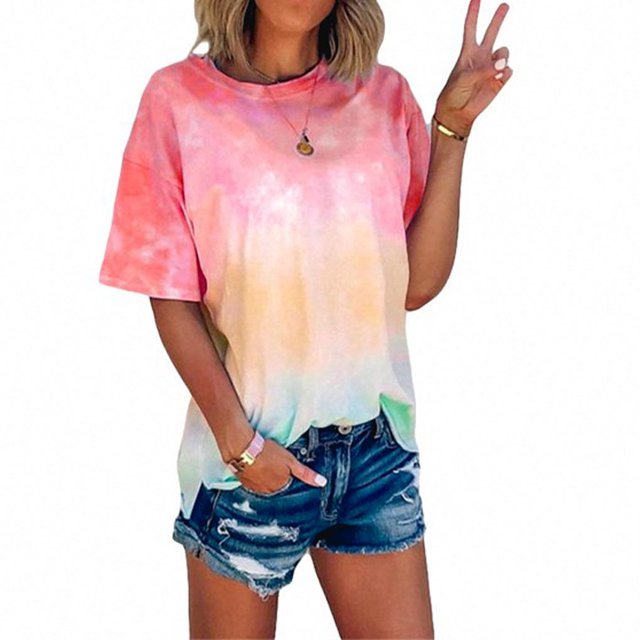 Femmes T-Shirt Cravate Teinté Causal Top Manches Courtes Cravate Teinté T-Shirt Col Rond Chemisier, Rose, L
