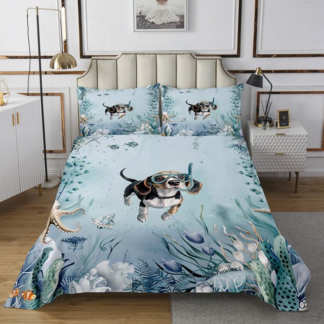 Erosebridal Dachshund Dog Coverlet Set Queen, Ocean Animal Bedding Set, Sea Theme Room Decor
