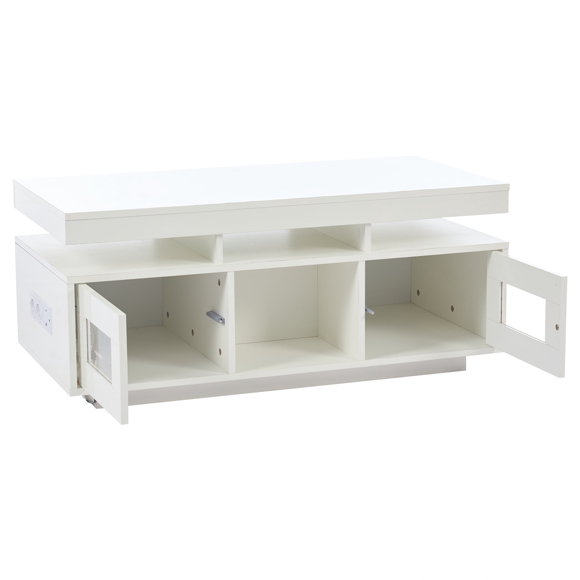 Noble House Table basse haute brillance avec lumières LED, Ports et prises USB, Centre 2 portes et Table d’appoint canapé, blanc