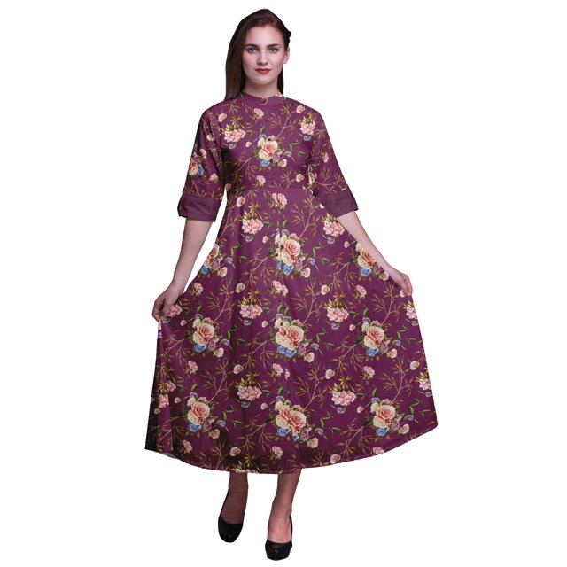 Bimba Robe Chemise à Imprimé Floral à Boutons, Col Mandarin, Manches Retroussables - Grande