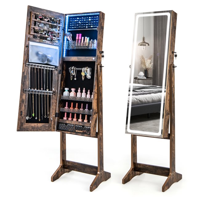Costway LED Mirror Jewelry Cabinet Organizer Armoire Standing with Built-in 3 Color Light