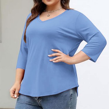 asjyhkr Plus Size Women Blouses V Neck 3/4 Sleeve Shirts Loose Casual Hiking Outdoor Gym Workout Solid Color Trendy Tops,L-4XL