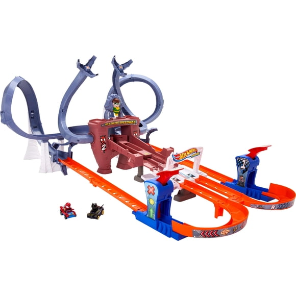 Hot Wheels Toy Car Track Set, RacerVerse Spider-Manâs Web-Slinging Speedway, Competitive Race with 2 Die-Cast Vehicles: Spider-Man & Black Panther