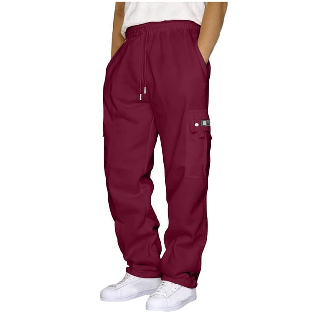 RXIRUCGD Men Casual Trousers High Waist Drawstring With Multi-Pockets Long Pants, Wine, Size: L