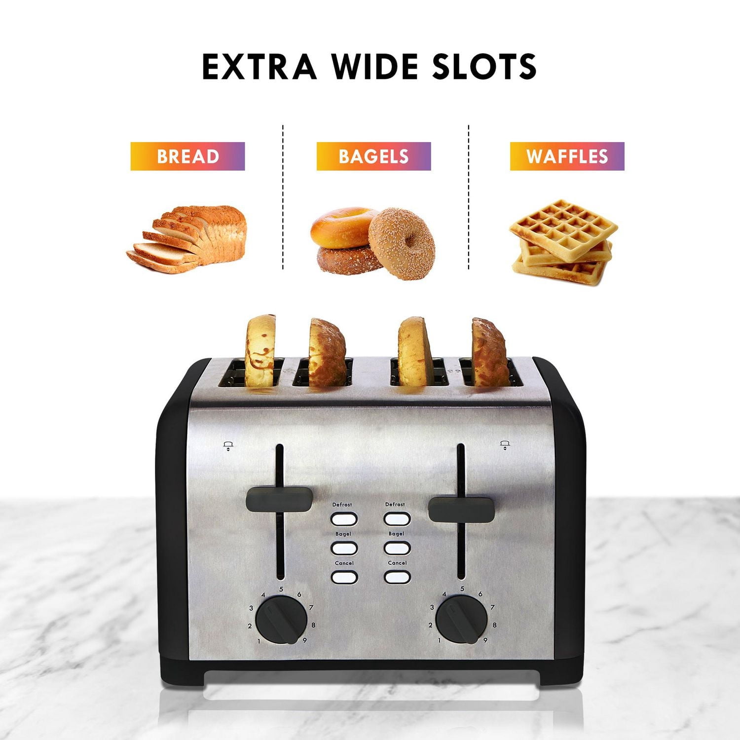 Kenmore Grille-pain 4 tranches en acier inoxydable, commandes doubles, fentes extra larges, 9 niveaux de brunissage pour griller et bagels