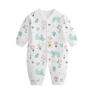 Pisexur Newborn Baby Boys Girls Rompers V Neck Long Sleeve Toddler Romper Cute Print Side Tie Romper Jumpsuits Unisex Cotton Infant Clothes 0-9 Months