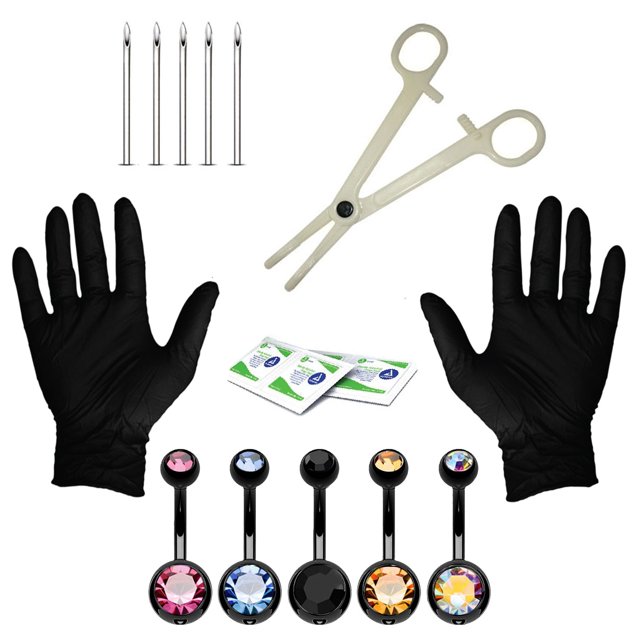 BodyJ4You 15PCS Professional Piercing Kit Black Steel 14G Double CZ Belly Navel Ring Body Piercing Set