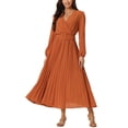 thumbnail image 2 of INSPIRE CHIC Robe Plissée pour Femme Manches Longues Bouffantes Col en V Robe avec Ceinture à la Taille P Rouge Brique, 2 of 6