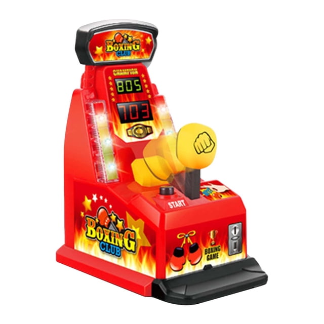 Arcade Game de Boxe pour Doigts, un mini Jouet de Bureau Conçu pour l'Interaction Parent-Enfant, Présentant un Corps en Plastique Rouge avec un Compteur de Pointage, un Mécanisme de Gant de Frappe Jaune et des Graphiques Vibrants de Style Arcade. le design compact Mesure 7,28 x 4,72 x 8,66 Pouces et Fonctionne avec des Piles 3xAA (Non Incluses). Idéal pour l'Entraînement des Réflexes Digitaux et le Jeu Compétitif pour 5 Ans et Plus.