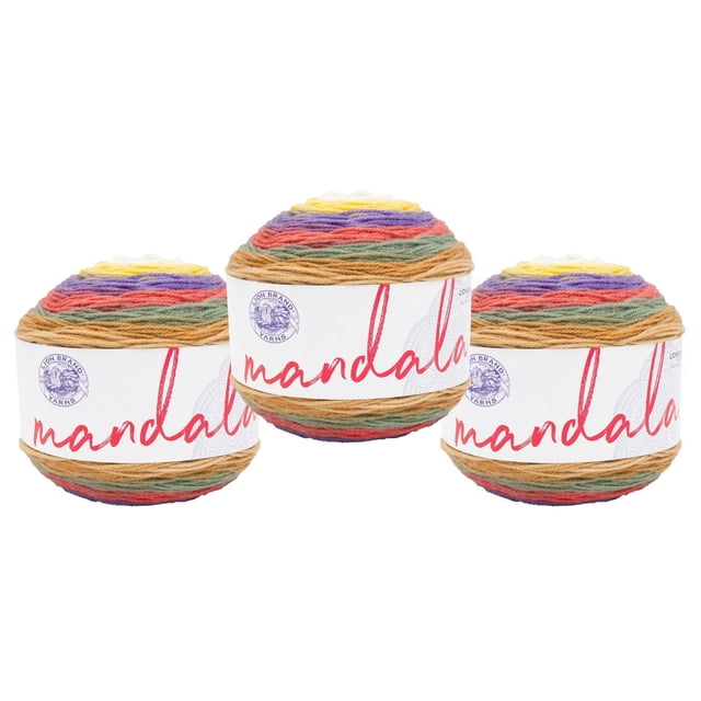 Lion Brand Yarn Mandala Multicolor Light DK Acrylic 3 Pack Yarn with three balls of variegated acrylic yarn in purple, yellow, red, green, brown, and orange shades, each wrapped in a white label with red 'mandala' text and the Lion Brand logo, suitable for crochet and knitting projects.