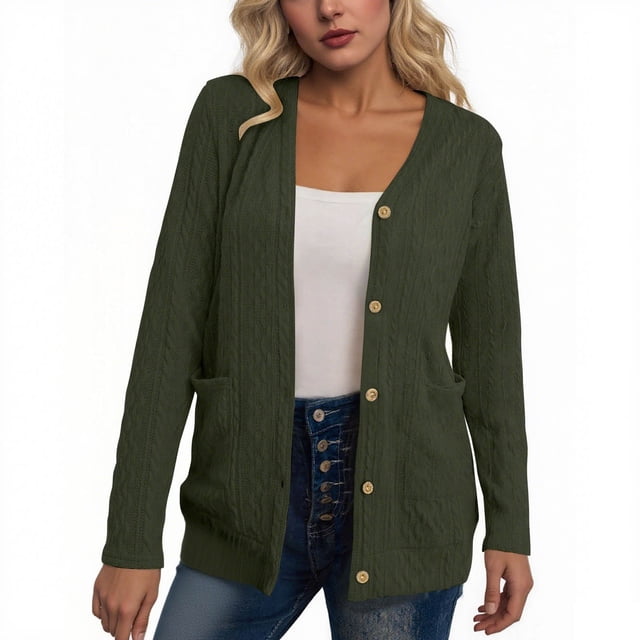 HAiming Womens Knit Cardigan Long Sleeve Button down V Neck Solid Color Lightweight Sweaters with Pockets