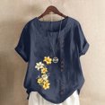 thumbnail image 1 of Pisexur Chemises en Lin pour Femmes Manches Courtes Blouses en Coton à Fleurs Hauts Grande Taille Décontractés Amples Col Rond Tuniques Unies Haut, 1 of 5