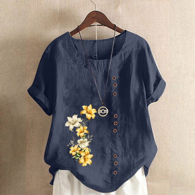 Pisexur Chemises en Lin pour Femmes Manches Courtes Blouses en Coton à Fleurs Hauts Grande Taille Décontractés Amples Col Rond Tuniques Unies Haut