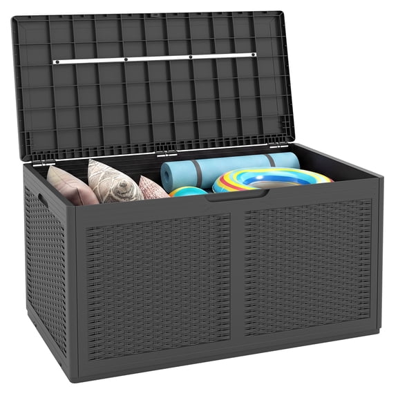 Gymax Coffre de Terrasse en Résine de 100 Gallons avec Couvercle Verrouillable et Roues pour Accessoires de Piscine Gris
