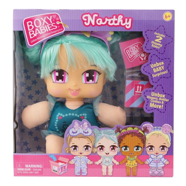 Boxy Babies Soft Dolls – Northy doll with soft cuddly body and large boxy eyes, wearing a teal cat-themed outfit and mint green pigtails, packaged in purple box with two shipping boxes for unboxing diapers, bottles, and clothes, suitable for ages 6 and up.