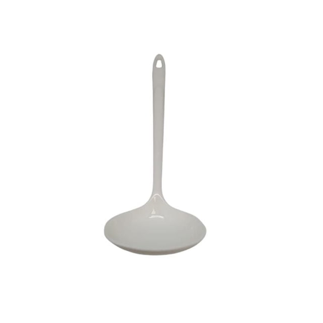 Sunwealth Melamine Soup Ladle in white with a long handle featuring a hanging hole and a wide, shallow bowl, heat resistant up to 220°C, lightweight and chip-resistant, ideal for hygienic soup serving and dishwasher safe for easy cleaning.