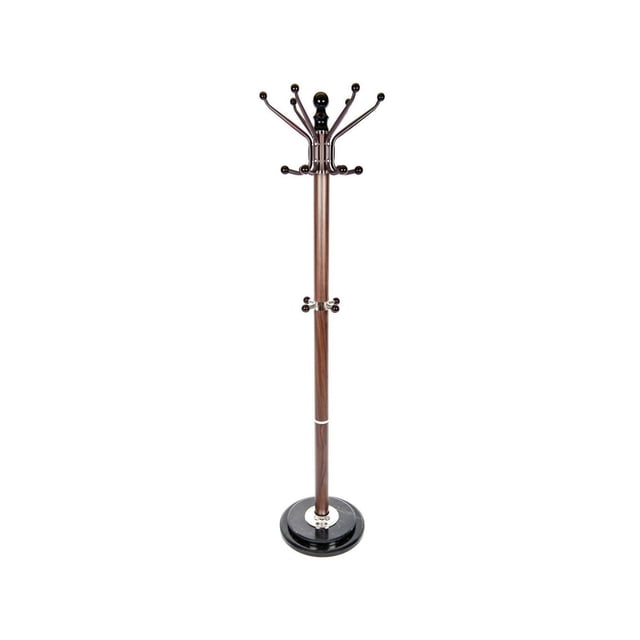 Portemanteau de Base en Marbre avec une Base Ronde en Marbre Noir et un Haut Poteau à Fini Bois avec Plusieurs Crochets Brun Foncé en Forme d'Arbre pour Suspendre Manteaux, Chapeaux, Sacs à Main et Médailles, Convient au Rangement et à l'Organisation à la Maison et au Bureau.