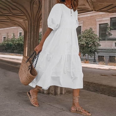 LOVZFMLL Mode Femmes Ample Couleur Unie O Manches Bouffantes Décontractée Manches Courtes Robe Blanc 3TG