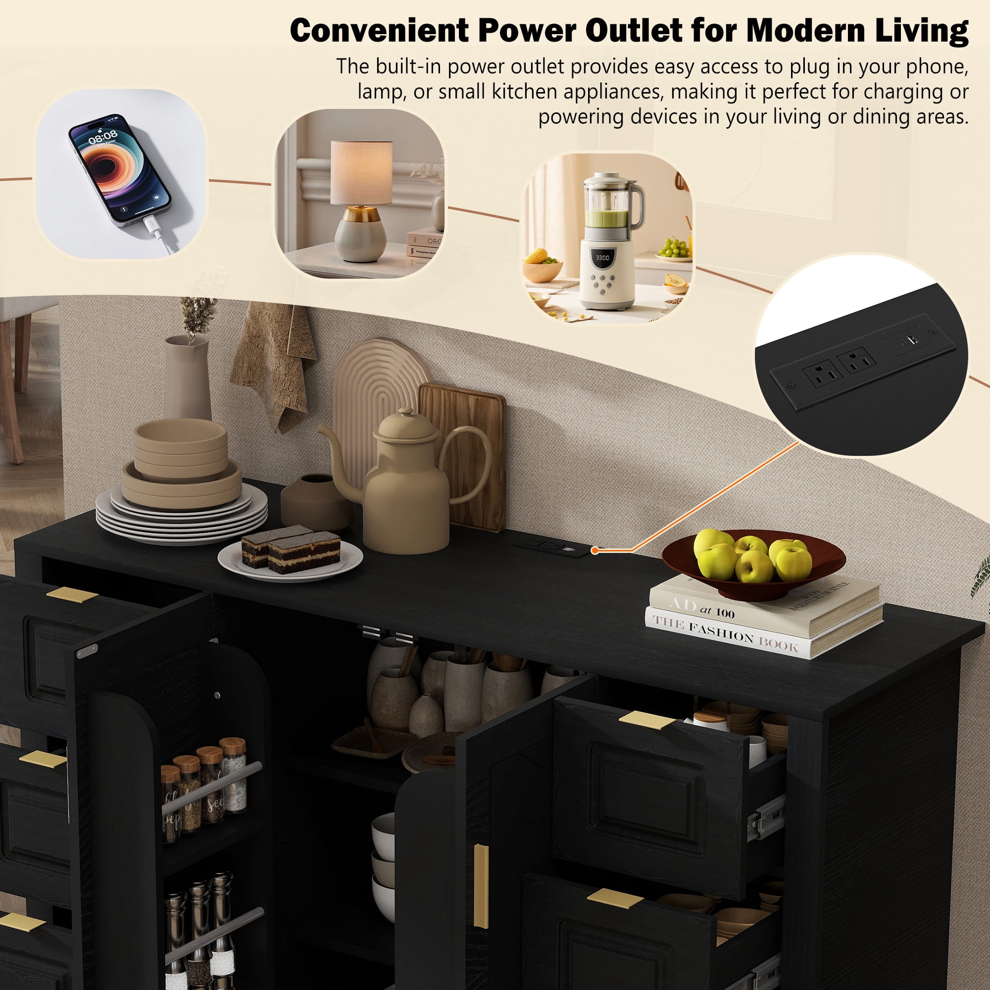 Noble House 47.2" Sideboard Buffet Cabinet with Power Outlet,2 Doors & 6 Drawers,3-Level Adjustable Shelves,Black