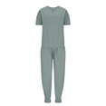 thumbnail image 4 of Mikilon Ensemble Stylé pour Femme 2 Pcs Mode Col Rond Couleur Unie T-Shirt à Manches Courtes + Pantalon Ample à Poches Ensemble Vert Armée TP, 4 of 6