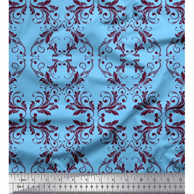 Soimoi Blue Poly Georgette Fabric Quaterfoil Damask Print Fabric by the Yard 52 Inch Wide