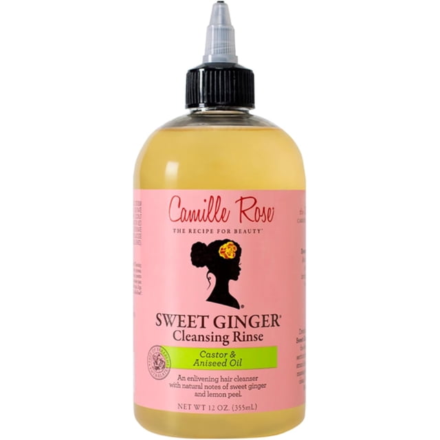 Camille Rose Sweet Ginger Cleansing Rinse 12 Oz bottle with a pink label featuring the Camille Rose logo and silhouette design. This sulfate-free, aromatic shampoo is infused with castor and aniseed oil for moisture retention and slip, ideal for all curl types and textures.