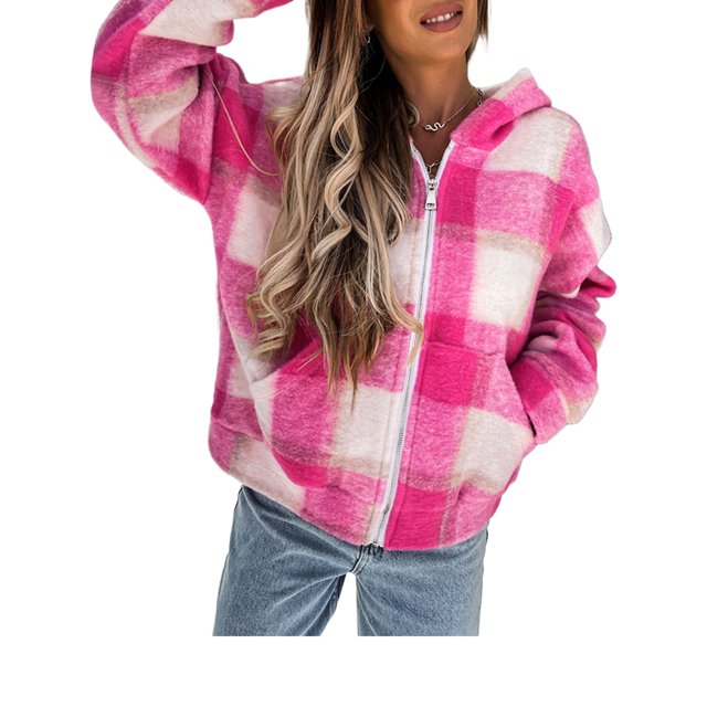 Veste à Capuche Décontractée pour Femmes à Manches Longues avec Fermeture Éclair, Imprimé à Carreaux, Poches, Chandail en Molleton d'Automne