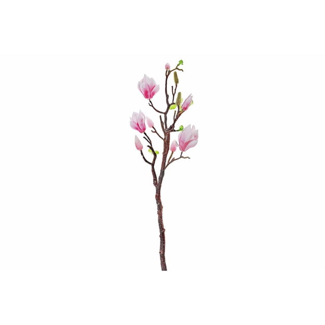 Magnolia Large Spray Pink artificial flower spray with multiple pink magnolia blooms and green buds on a brown textured stem, 36 inches tall, suitable for home décor, floral arrangements, and seasonal decoration.
