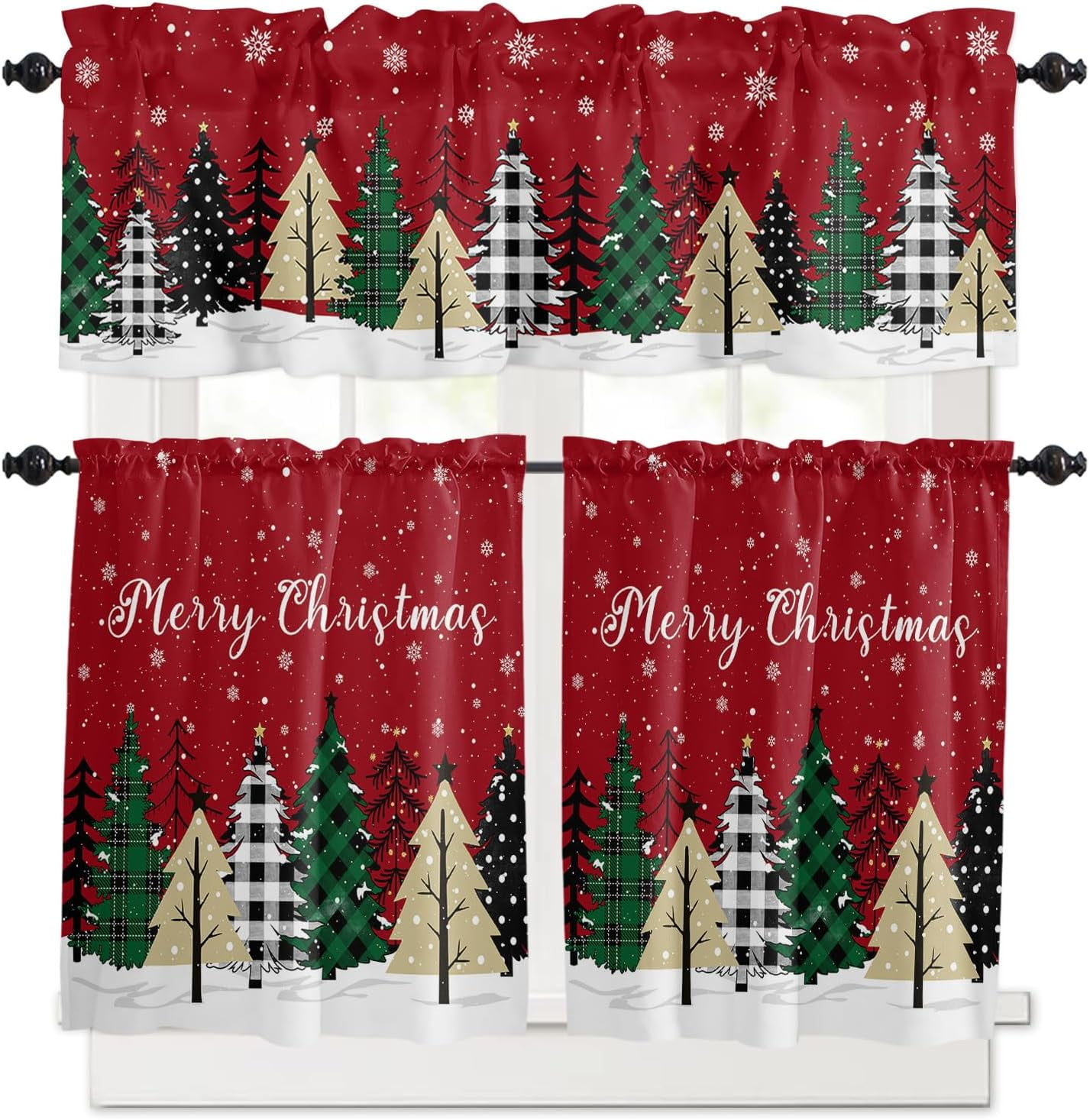 Ensemble de Rideaux et Cantonnières de Cuisine Joyeux Noël Rouges, Traitements de Fenêtre Sapin de Noël Verts Cantonnières Demi/courtes pour Petites Fenêtres Café /salon/ Chambre 54x36 Po Blanc Forêt Enneigée Hiver