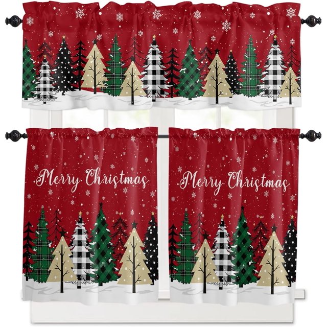 Ensemble de Rideaux et Cantonnières de Cuisine Joyeux Noël Rouges, Traitements de Fenêtre Sapin de Noël Verts Cantonnières Demi/courtes pour Petites Fenêtres Café /salon/ Chambre 54x36 Po Blanc Forêt Enneigée Hiver