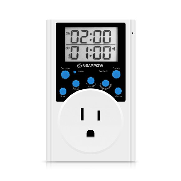 Timer Outlet Nearpow Multifunctional Infinite Cycle Programmable Plug-in Digital Timer Switch with 3-Prong Outlet for Appliances Energy-Saving Timer 15A/1800W