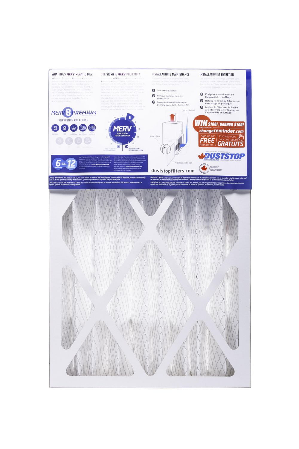 Filtre à air plissé Duststop 16 x 25 x 4 MERV 8, paquet de 1