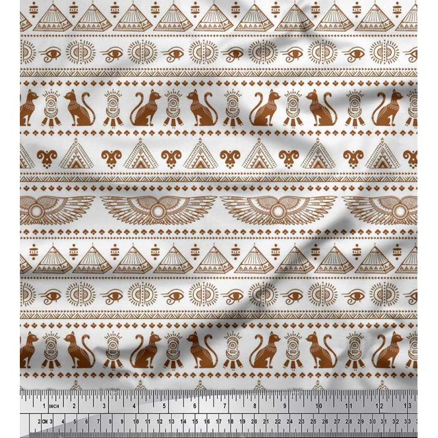 Soimoi Velvet Fabric Cat,Pyramids & Wings Egyptian Fabric Prints By Yard 58 Inch Wide