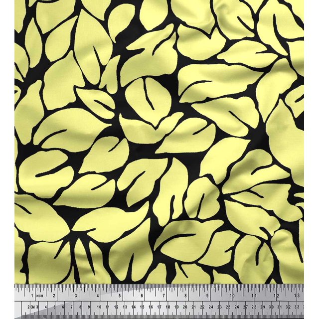 Soimoi Black Poly Georgette Fabric Basil Leaves Decor Fabric Printed Yard 42 Inch Wide
