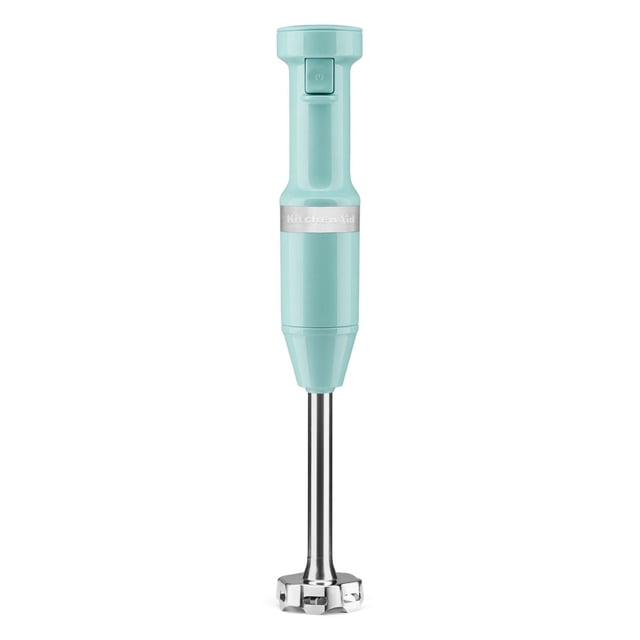 KitchenAid® Variable Speed Corded Hand Blender in pastel turquoise with an 8-inch removable stainless steel blending arm and 4-point blade, featuring a variable speed trigger switch and KitchenAid logo on the handle, shown front-facing on a white background, suitable for blending smoothies, soups, and sauces.