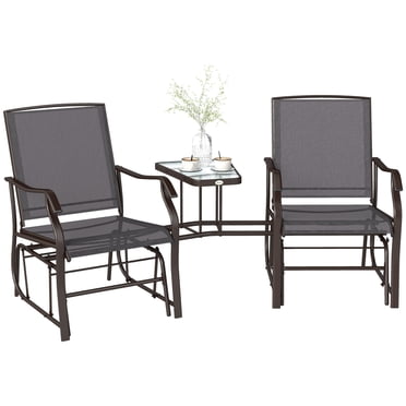 Outsunny Chaise Berçante Double de Patio avec Table Centrale à Dessus en Verre, Chaise Berçante d'Extérieur à Dossier Haut, Tissu Sling pour Jardin, Banc, Gris