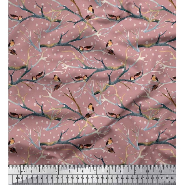 Soimoi Pink Silk Fabric Branch,Dot & American Robin Bird Printed Craft Fabric by The Yard 42 Inch Wide