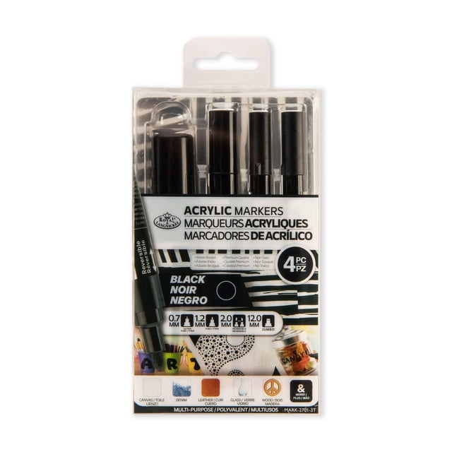 Royal & Langnickel 4pc Black Acrylic Painting Marker Set with four black water-based acrylic markers featuring reversible tips for fine 0.7mm and jumbo 12mm lines, suitable for canvas, denim, leather, glass, and wood surfaces.