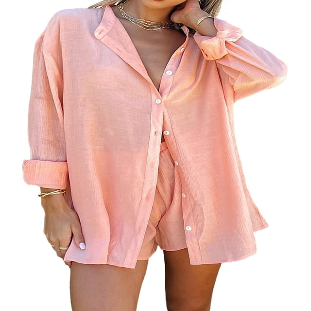 Summer Women Casual Two Pieces Tracksuit Half Sleeve Button-Down Shirt High Waisted Shorts Set
