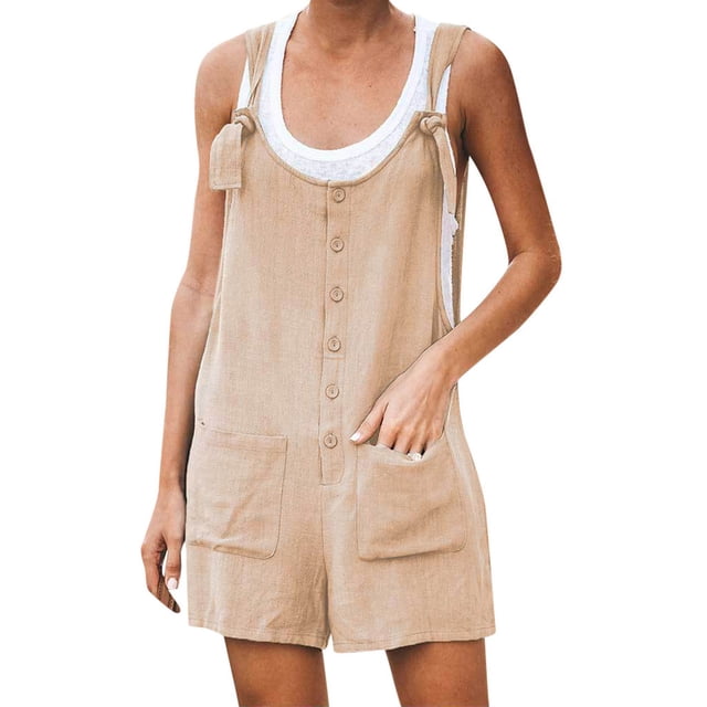 TopLLC Women's Summer Casual Rompers Sleeveless Loose Spaghetti Strap Short Jumpsuits Overalls Solid Button Bodysuit Playsuit With Pockets