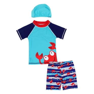 B91xZ Boys' Rash Guard Sets - Short Sleeve Swim Shirt and Bathing Suit Set,Blue 4-5 Years