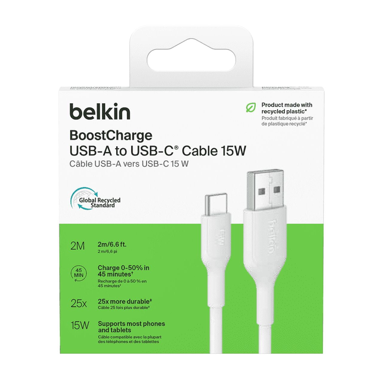 Cable BoostCharge Eco USBA vers Lightning 1 m/3,3 pi Cable souple et flexible pour charge rapide, cable chargeur Lightning pour iPhone 14 et series anterieures iPad 9e gen et AirPods NR