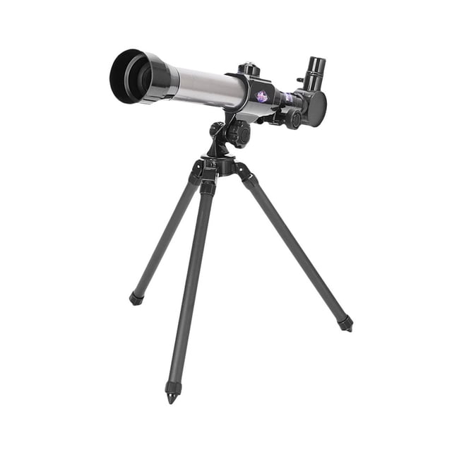 Science Telescope with Tripod for Children 20X 40X Magnification Easy to Use and Fun. A black telescope with a sleek design mounted on a foldable tripod, featuring adjustable angles for versatile viewing. Includes three eyepieces (20X, 30X, 40X) for varying magnifications, ideal for stargazing, land exploration, and wildlife observation. Made of durable ABS acrylic, this lightweight and portable telescope is perfect for beginners and children aged 5 to 12. The compact tripod ensures stability during use, making it suitable for educational and recreational activities.