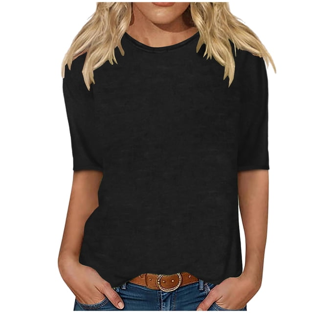 cfhntfmh T-Shirts à Manches 3/4 pour Femmes, Décontractés, Amples, Col Ras du Cou, Été, Mignons, Tuniques Unies, 2025